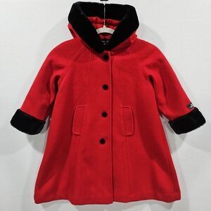 Stephanie Matthews Girls 100% Wool Red Jacket Coat Black Velvet Size 5 Long Hood